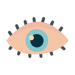 Stylized Eye Illustration With Light Peach Skin Tone Blue Iris And Dark Pupil Against A Clean White Background With Simple Black Eyelashes