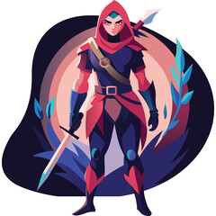 Stylized Female Warrior with Sword and Hood in Red and Blue Armor Stands Confidently Against a Dark Gradient Background with Pink and Blue Accents and Wisps of Light