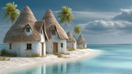 Idyllic tropical houses with thatched roofs on calm turquoise bay