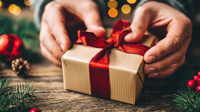 Hands carefully presenting a wrapped gift box tied with a festive red ribbon, ready for giving.