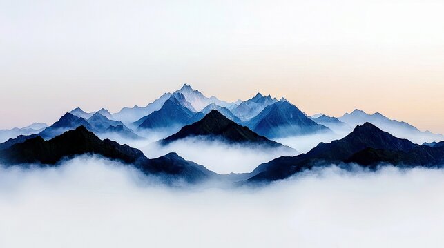 A panoramic view of majestic mountain ranges shrouded in ethereal mist and fog, with peaks fading into a soft, pale sky.