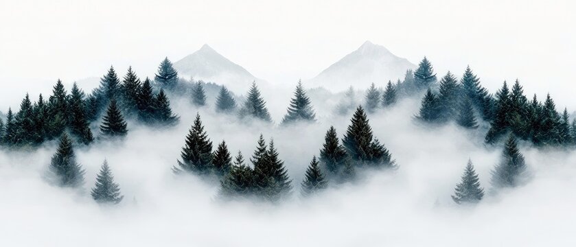 A serene landscape of dark green pine trees emerging from thick white fog, with misty mountain peaks in the background under an overcast sky.