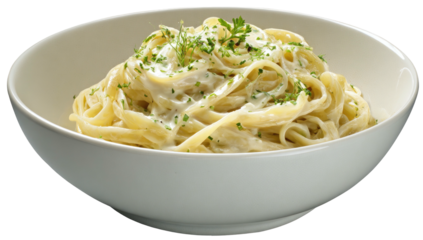 Creamy pasta in a white bowl, garnished with fresh herbs