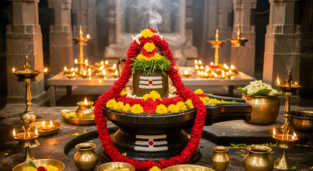 Shiva lingam puja hindu temple with flowers and candles hinduism worship shivling india