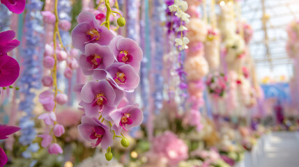 Elegant hanging orchids in soft pastel tones displayed inside a bright exhibition hall at the Chiang Rai Flower Festival