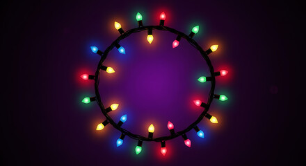 Circle of colorful Christmas lights on dark purple background garland