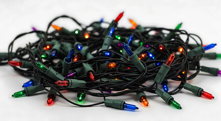 Pile of tangled colorful Christmas lights with green wires and bulbs image