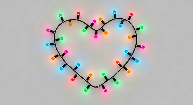 Heart shaped string of colorful glowing Christmas lights on gray background image
