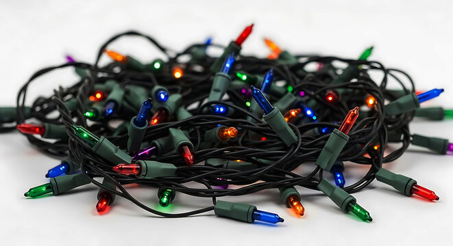 Pile of tangled colorful Christmas lights with green wires and bulbs image