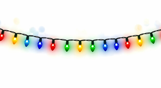 String of colorful Christmas lights on black wire against white background festive