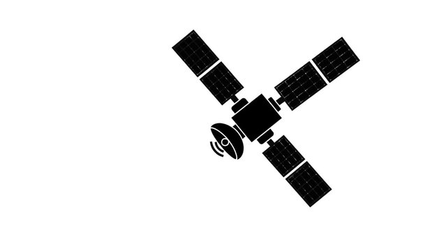 Vector illustration&nbsp;of black and white silhouette icon of a communication satellite with solar panel array isolated on transparent background 