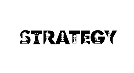 Strategic game plan: black silhouette of the word strategy filled with chess pieces concept