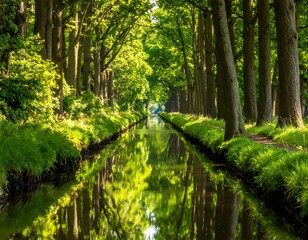 Sun-dappled waterway lined with tall trees, mirroring the canopy