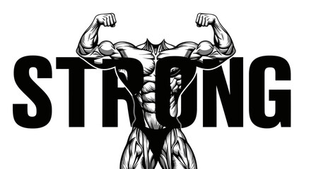 Illustrative muscular physique with prominent 'STRONG' text overlay enhances visual message