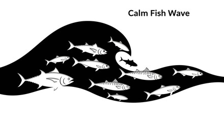 Monochromatic school of fish swimming through a wave shaped void illustration