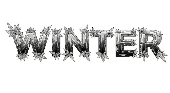 Stylized winter text with metallic sheen and floral embellishments artistic typography