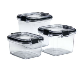 Three clear plastic food storage containers with black lids and latches