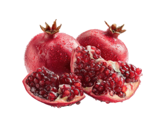 Ripe red pomegranates, one cut open revealing seeds