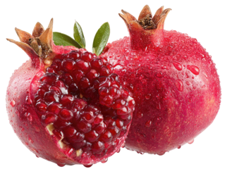 Two fresh pomegranates, one halved revealing juicy arils