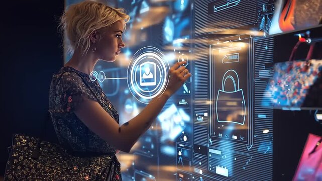 Young woman interacting with a digital display showcasing handbags in a modern retail environment