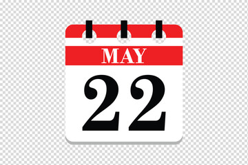 22 May Calendar icon vector, 22 dates of May month calendar icon, dates of May 22 icon calendar, vector calendar icon.