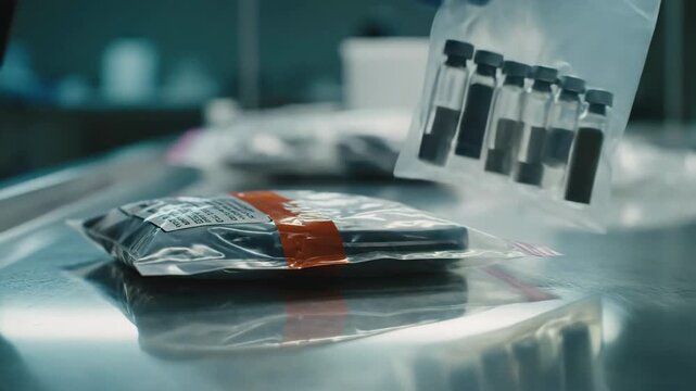 Laboratory Technician in Blue Gloves Handling Sealed Packages on a Steel Table.