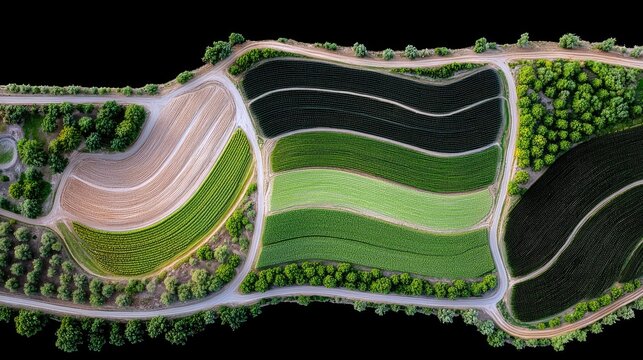An aerial, high-angle view shows a patchwork of agricultural fields with different crops and colors, divided by dirt roads and bordered by trees. The scene is i