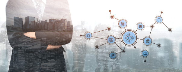 A businessman stands with crossed arms in front of a city skyline, featuring a digital network of icons that symbolize data connectivity and modern e-commerce trends. Tessel
