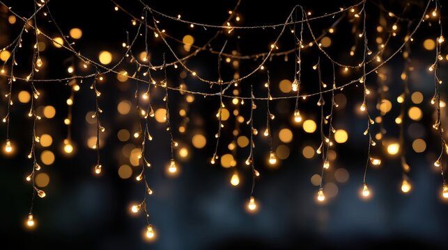 Festive warm string lights hanging with bokeh glow on dark background.