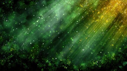Abstract green and gold glitter texture with light rays and sparkling particles