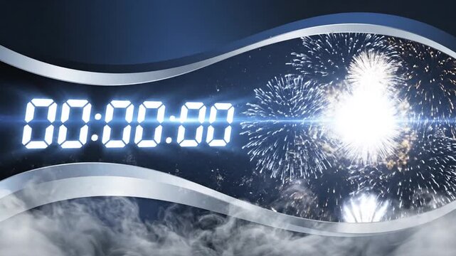 New Year 2026 countdown theme, dark navy to silver gradient banner, futuristic digital countdown numbers glowing, fireworks blooming softly in background