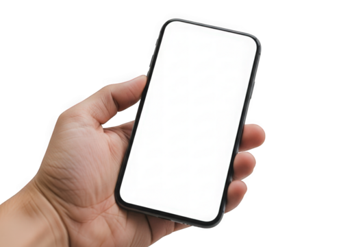 Hand holding modern smartphone with blank white screen mockup design
