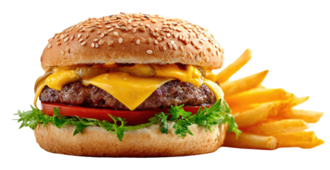 Juicy cheeseburger with crispy golden fries, fresh toppings
