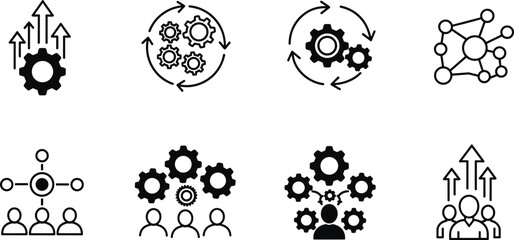 Business teamwork icons, collaboration vector set, productivity process symbols, 
