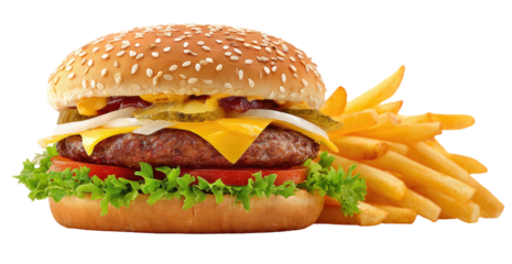 A tall, cheesy hamburger with fries, ready to eat