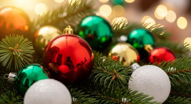 A close-up shot of Christmas ornaments in red, green, gold, and white, nestled among pine branches with a soft bokeh background.