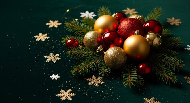 A festive arrangement of golden and red baubles, snowflakes, and pine branches on a green background.