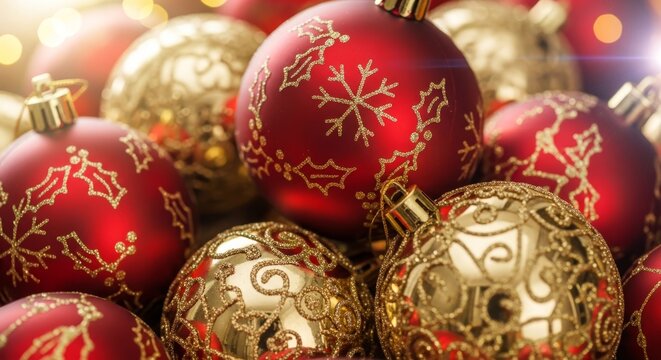 Close-up of red and gold Christmas baubles decorated with glittering snowflakes and holly designs.