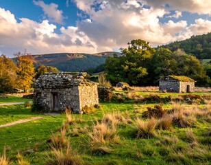 Sunny day reveals stone structures within verdant meadows, against a backdrop of rolling hills and a partly cloudy sky