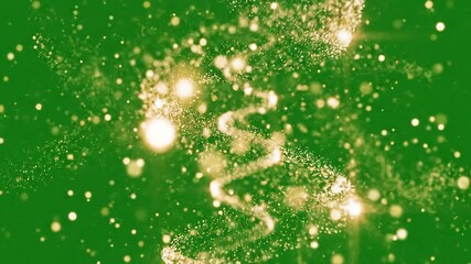 A magical swirl of golden glitter dust and sparkling light particles forms an abstract festive shape against a vibrant green background - Powered by Adobe