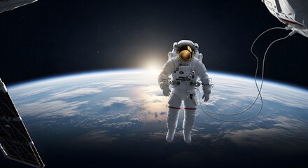Astronaut floating in space with the Earth and sun in the background, a breathtaking view of our planet from orbit