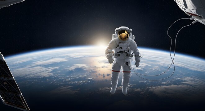 Astronaut floating in space with the Earth and sun in the background, a breathtaking view of our planet from orbit