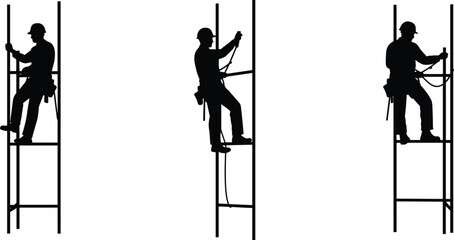 Construction scaffolding worker silhouette vector illustration, occupational safety icon, industrial labor climbing design element, engineering site teamwork graphic for stock content