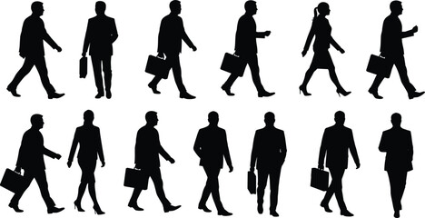 Business people silhouettes walking, professional men and women with briefcases, corporate attire, office workers in motion, abstract shadow design