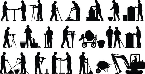 Obraz premium Construction workers silhouette vector illustration set, industrial labor icons with tools and machinery, occupational safety graphic design element for stock content