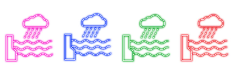 A set of four colorful neon icons representing rainfall and water, isolated on a white background, perfect for weather or environmental concepts.