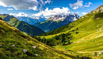 Sunny mountain vista with lush green hills and peaks under a blue sky