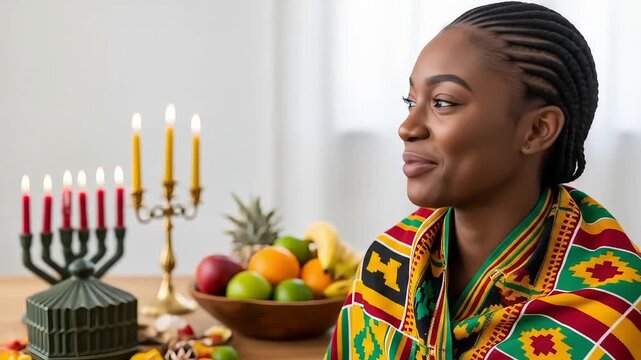 Animated Kwanzaa African American Woman Kente Scarf Smiling Kinara Seven Candles Lit Mazao Fruit Bowl Swahili Ujamaa Principle Holiday Celebration Home Interior Video Footage
