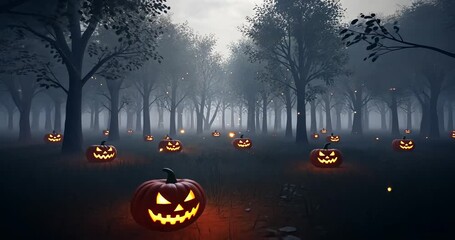 Spooky Halloween scene with glowing jack-o'-lanterns in a misty forest at dusk - Powered by Adobe