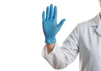 male doctor in white coat and glove displaying stop hand gesture signifying caution or warning against simple transparent background